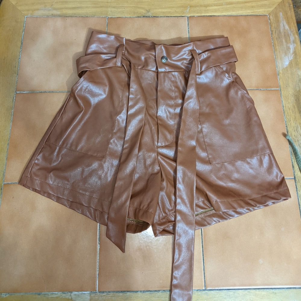 Women's Brown Faux Leather Shorts